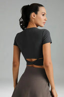 Dreamlux Short Sleeve Cropped Workout Shirt w/ Crisscross Back