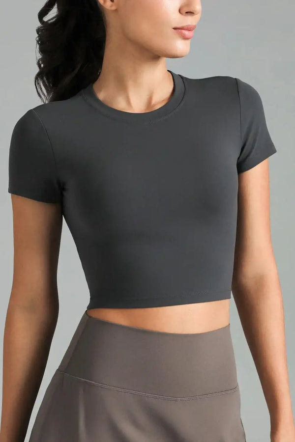Dreamlux Short Sleeve Cropped Workout Shirt w/ Crisscross Back